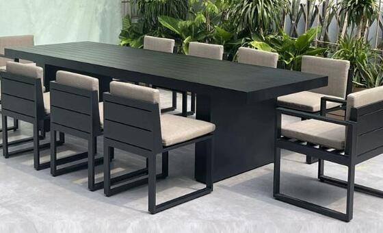 Outdoor table and 8pcs chair made with weather resistant UV resistant polywood and aluminum frame built for gardens courtyards and villas