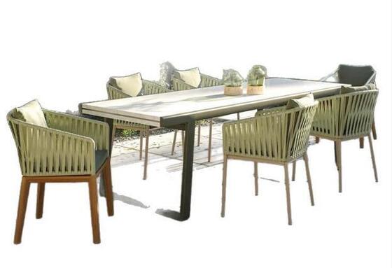 Outdoor dining set made with weather resistant rattan rope and durable aluminum frame perfect for garden courtyard villa and patio